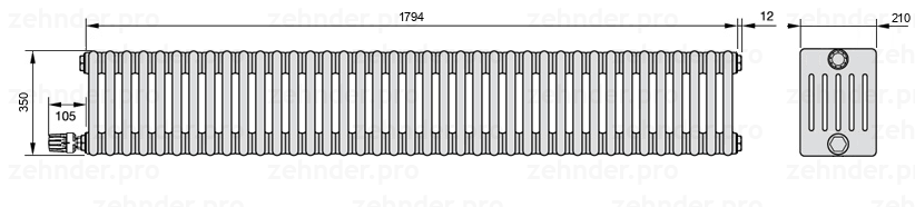 Схема (чертеж) Радиатор Zehnder Charleston 6035/39 №V003 Белый глянцевый RAL 9016